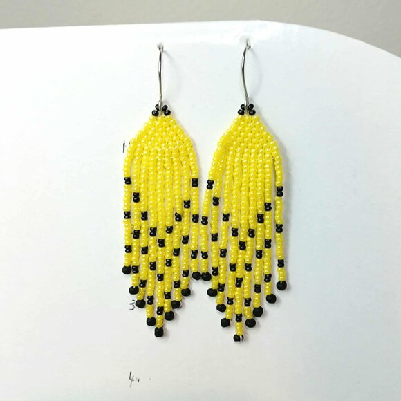 Yellow & Black Beaded Fringe Dangle Earrings, Seed Bead Jewelry 3.5" - Picture 6 of 6